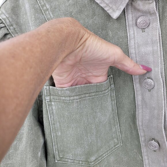Army Green Washed Denim Button Front Mini Dress Sz S Puff Military Gorpcore - Picture 11 of 15